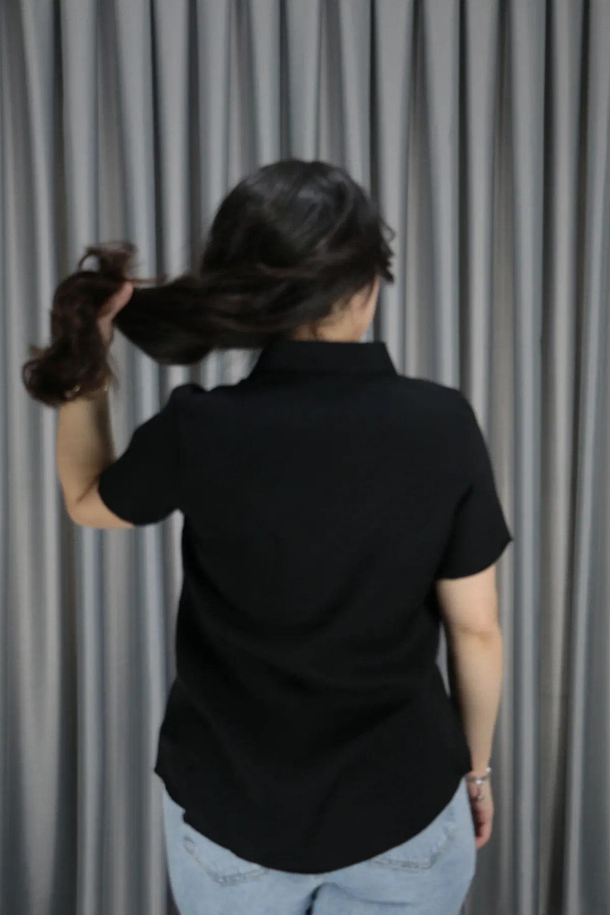 Kadın Kısa Kol Basic Pembe Keten Gömlek L-XL - siyah