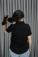 Kadın Kısa Kol Basic Pembe Keten Gömlek L-XL - siyah