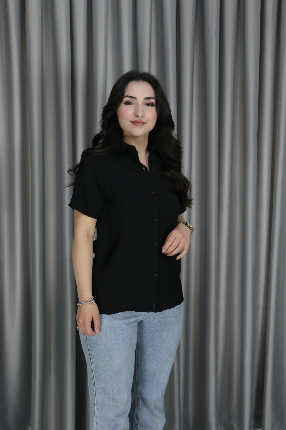 Kadın Kısa Kol Basic Pembe Keten Gömlek S-M - siyah