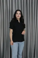 Kadın Kısa Kol Basic Pembe Keten Gömlek 2XL-3XL - siyah