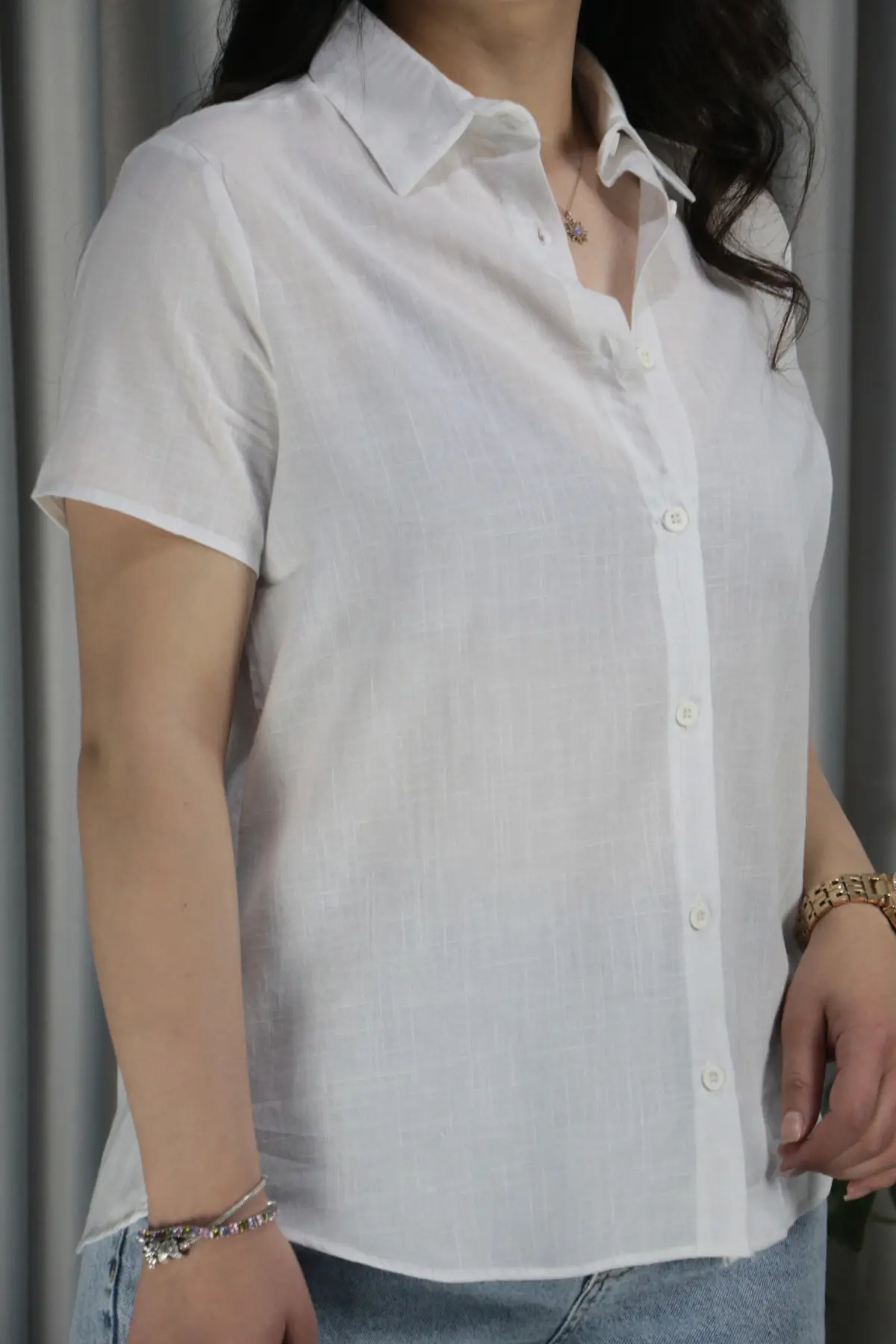 Kadın Kısa Kol Basic Pembe Keten Gömlek L-XL - beyaz