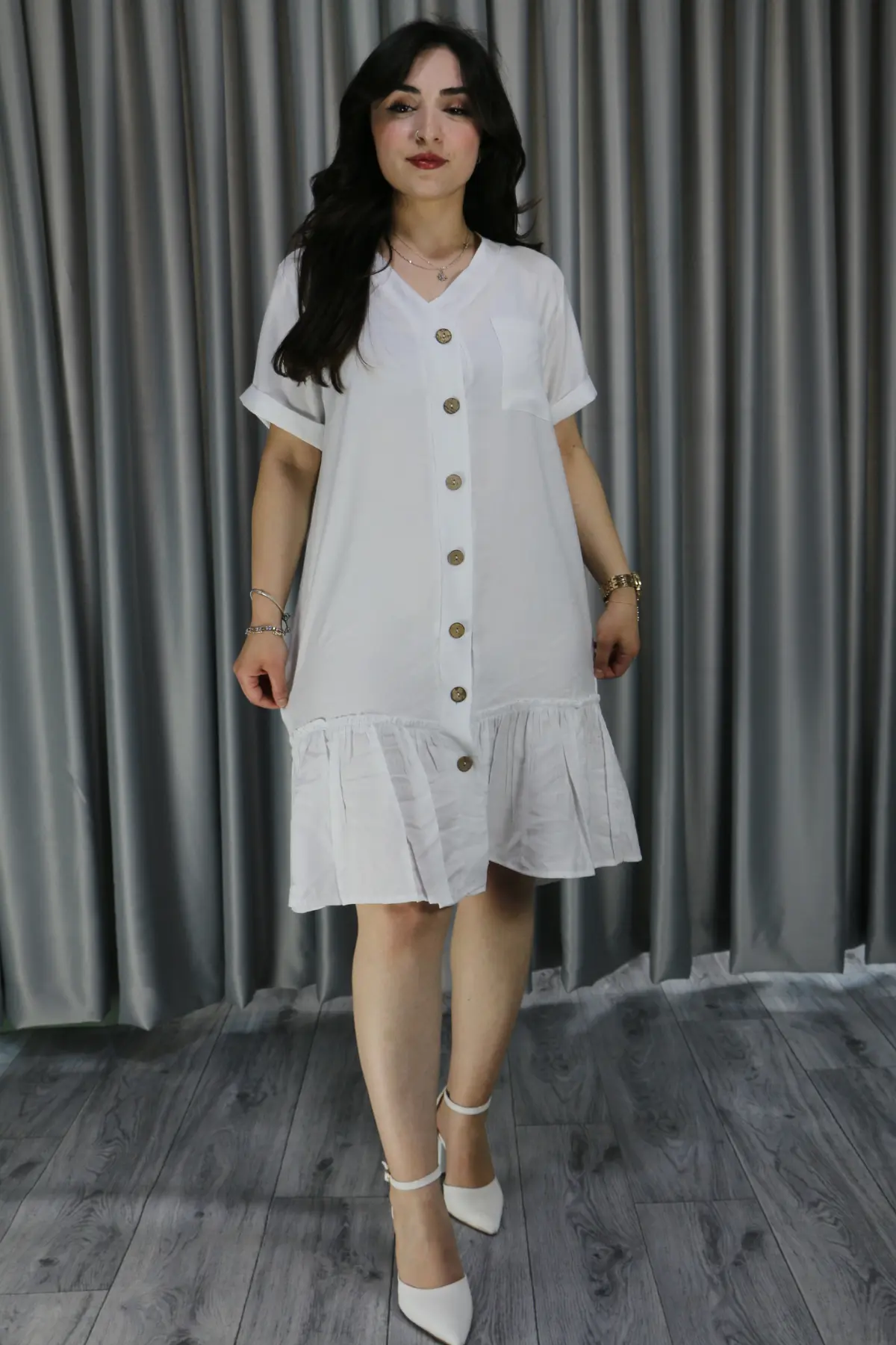 Kadın Keten Cep Detay Düğmeli Pileli Elbise 2XL-3XL - beyaz