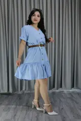 Kadın Keten Cep Detay Düğmeli Pileli Elbise 2XL-3XL - buz mavisi