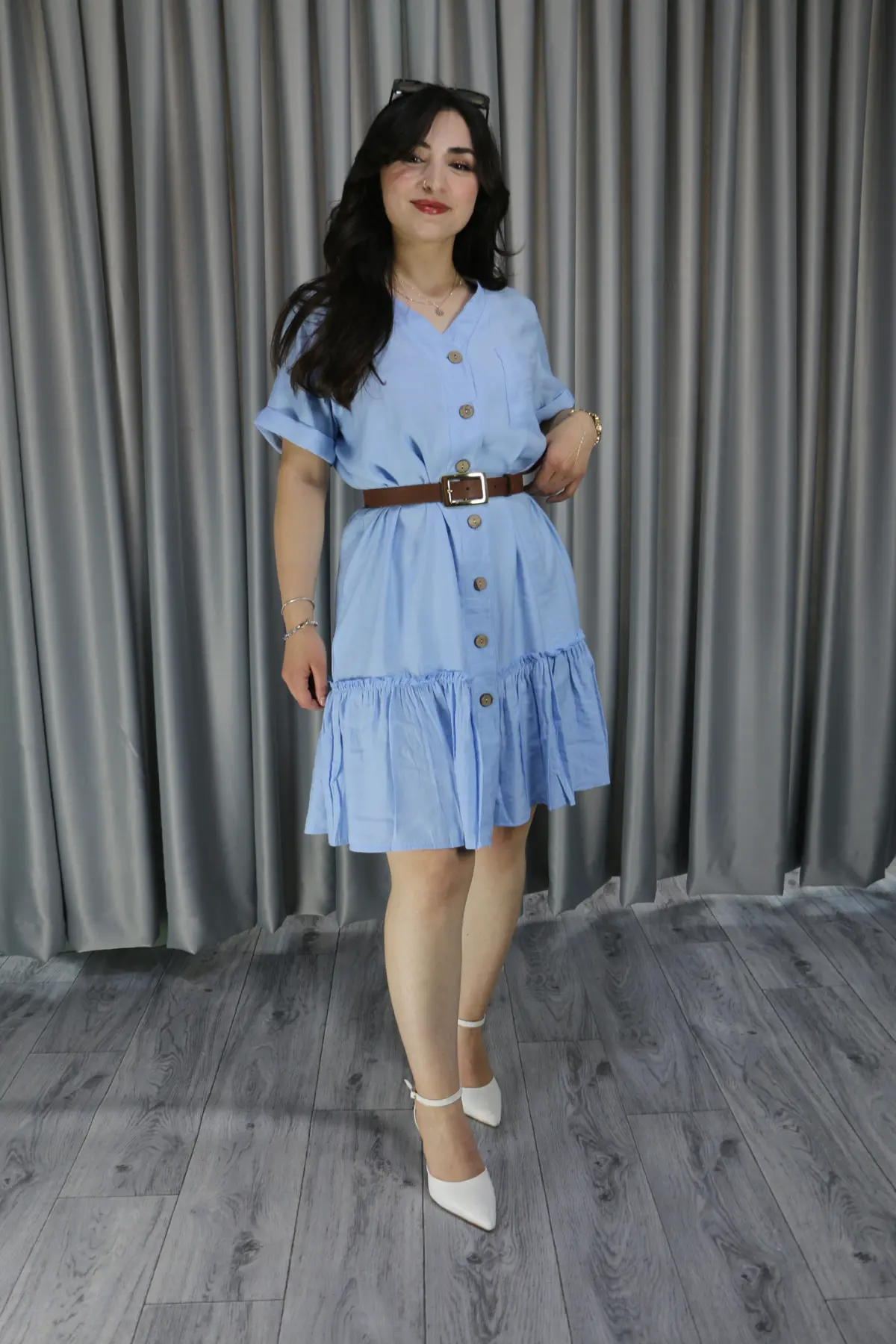 Kadın Keten Cep Detay Düğmeli Pileli Elbise 2XL-3XL - buz mavisi