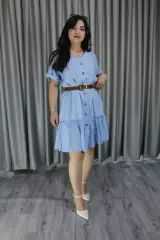 Kadın Keten Cep Detay Düğmeli Pileli Elbise 2XL-3XL - buz mavisi