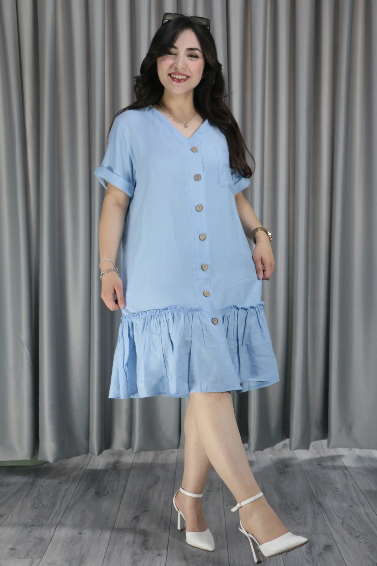 Kadın Keten Cep Detay Düğmeli Pileli Elbise 2XL-3XL - buz mavisi