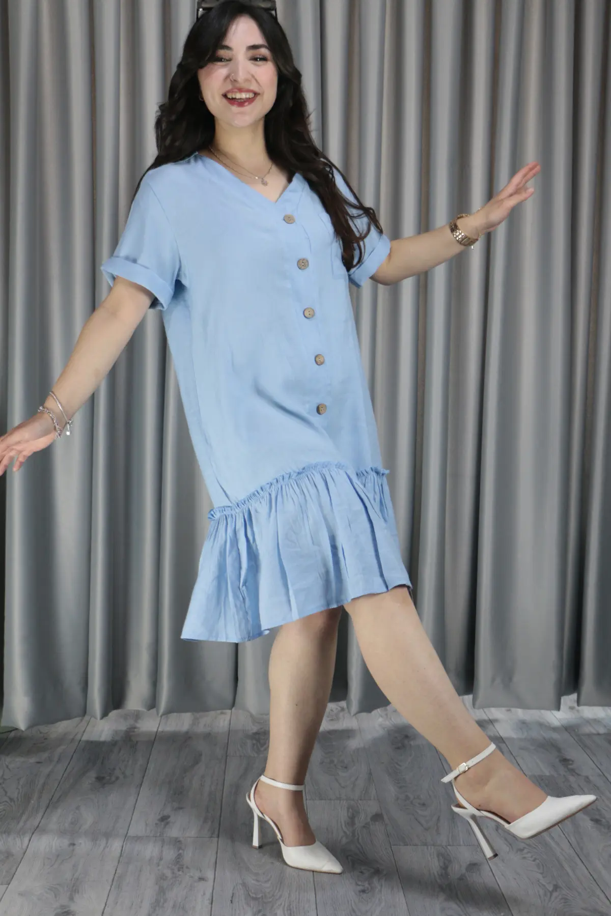 Kadın Keten Cep Detay Düğmeli Pileli Elbise 2XL-3XL - buz mavisi