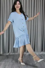 Kadın Keten Cep Detay Düğmeli Pileli Elbise 2XL-3XL - buz mavisi