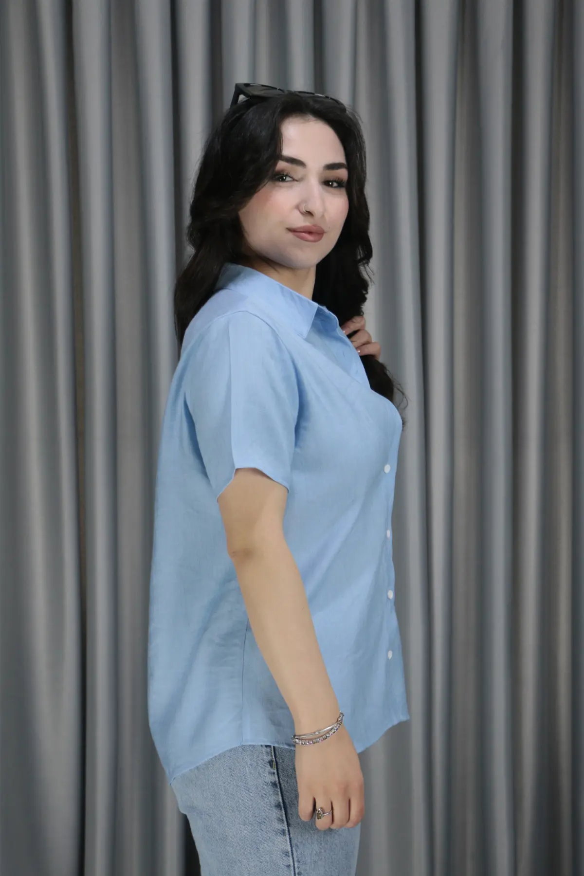 Kadın Kısa Kol Basic Pembe Keten Gömlek S-M - buz mavisi