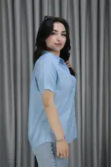 Kadın Kısa Kol Basic Pembe Keten Gömlek S-M - buz mavisi