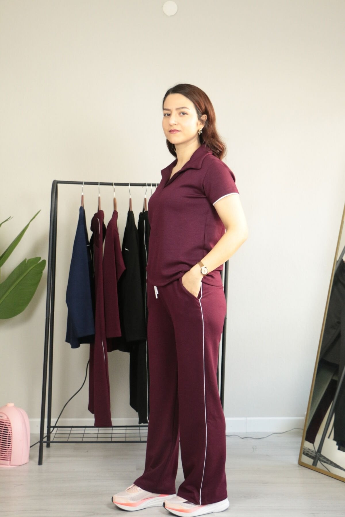 Modal Kumaş Polo Yaka Yanları Biye Detay Alt Üst Kadın Takım L - bordo