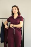 Modal Kumaş Polo Yaka Yanları Biye Detay Alt Üst Kadın Takım L - bordo