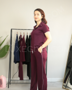 Modal Kumaş Polo Yaka Yanları Biye Detay Alt Üst Kadın Takım S - bordo