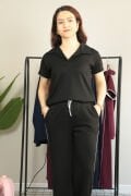Modal Kumaş Polo Yaka Yanları Biye Detay Alt Üst Kadın Takım S - siyah