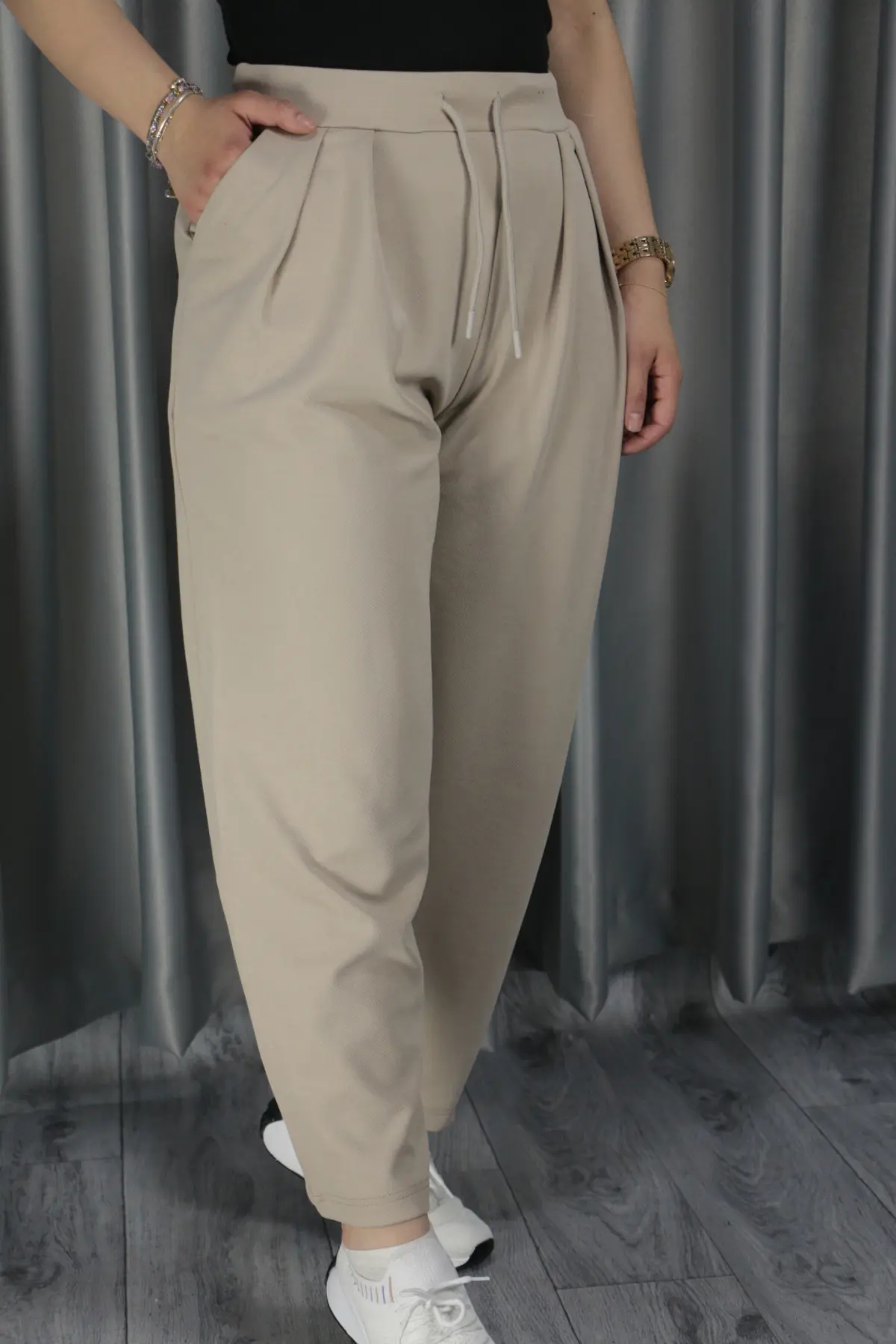 Kadın Modal Krep Kumaş Havuç Pantolon S - bej