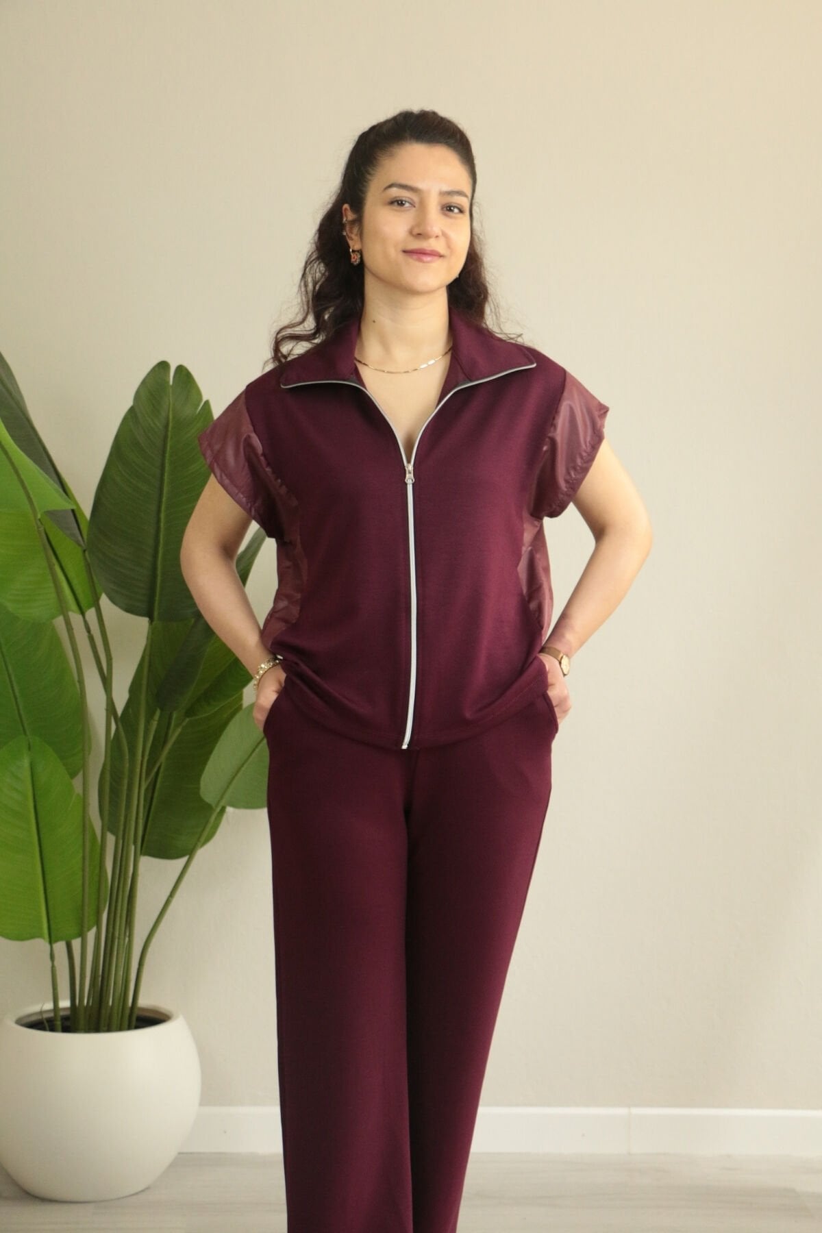 Yanları paraşüt detay fermuarlı ikili takım XL - bordo